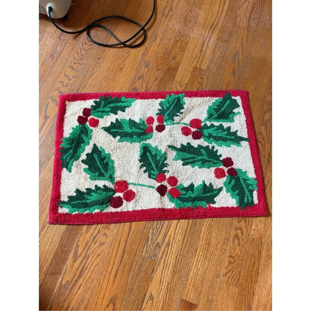 Vintage St. Nicholas Square Holly Berry Area Rug Christmas EUC